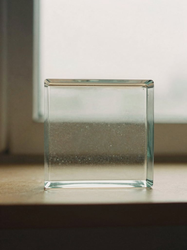 Abstract representation of clarity, light refracting through a structured glass block, warm editorial photography, soft window daylight, muted earth tones, minimalist composition, 35mm film