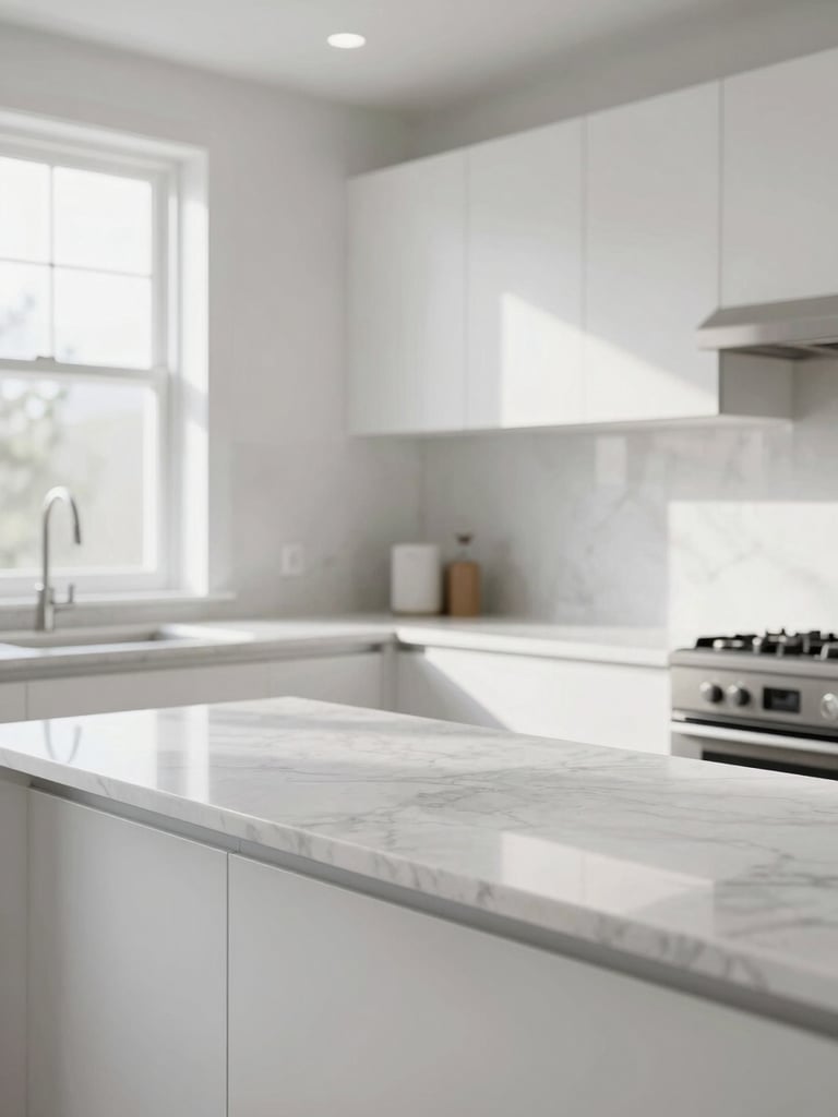 Wide environmental shot of a pristine white kitchen — gleaming marble countertops completely clear, under soft north-facing daylight through a window to the left, no people, immaculate surfaces receding toward the back wall