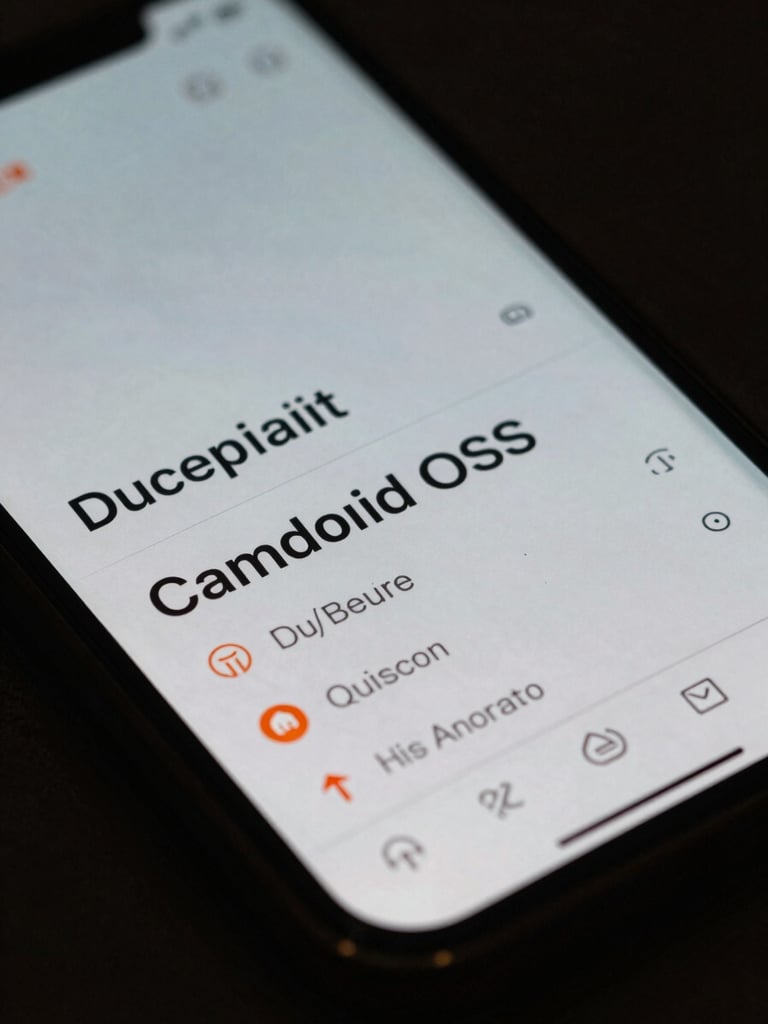 Macro shot of custom Android OS interface on a matte glass screen, showing high-contrast technical typography and orange accents.