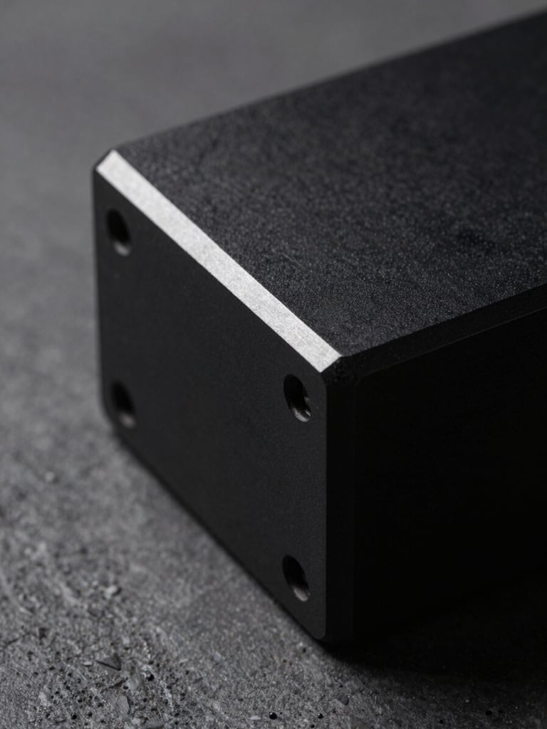 Macro studio shot of a machined matte-black aluminum device edge, sharp dramatic highlight on the metallic bevel, dark concrete background