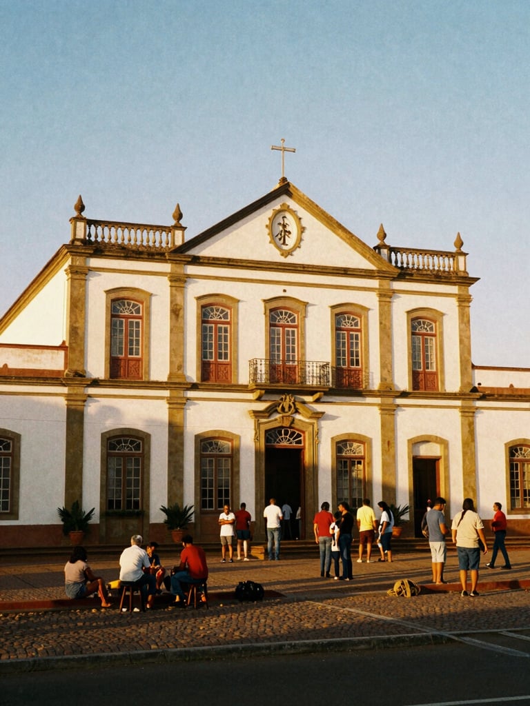 A historic cultural center facade in Três Lagoas during golden hour, warm lighting, local people gathering outside, 35mm photography