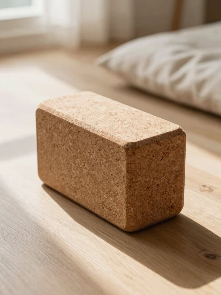 Close-up of a high-quality cork yoga block and a linen posture cushion on a light wooden floor, soft natural morning light, organic shadows