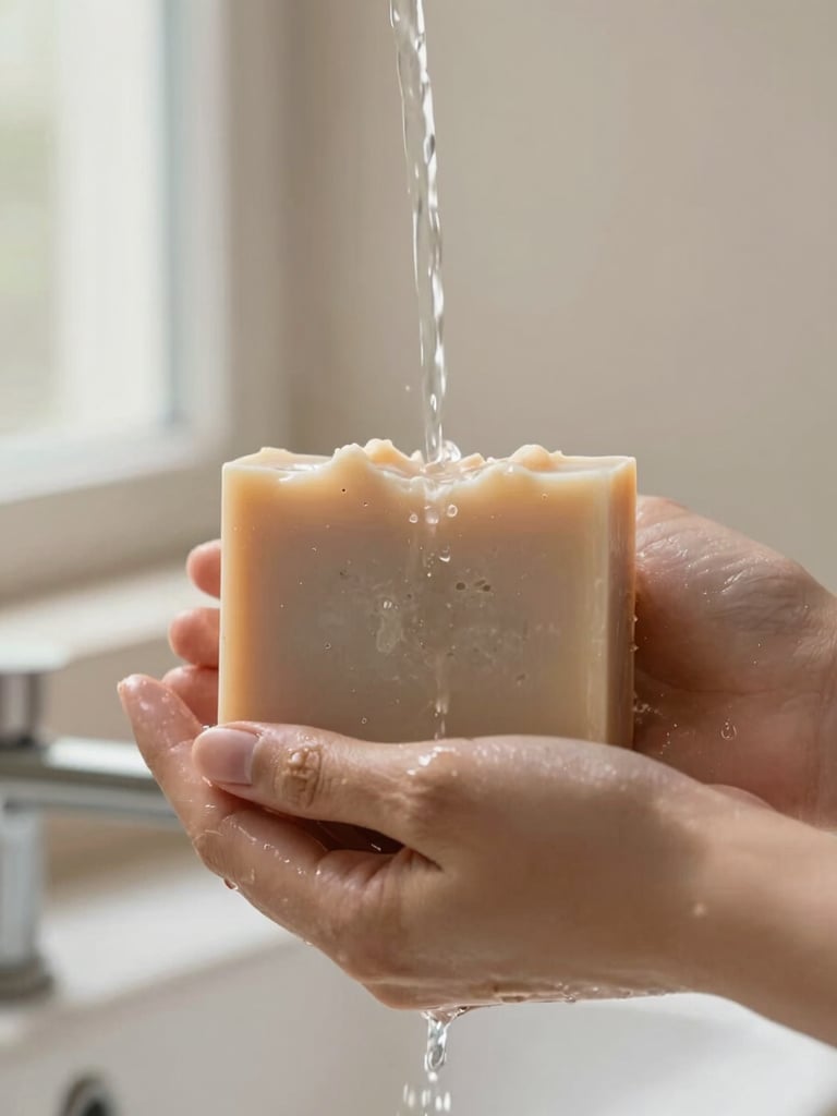Hands holding a solid organic soap bar under a soft stream of water, neutral background, soft natural lighting, shallow depth of field