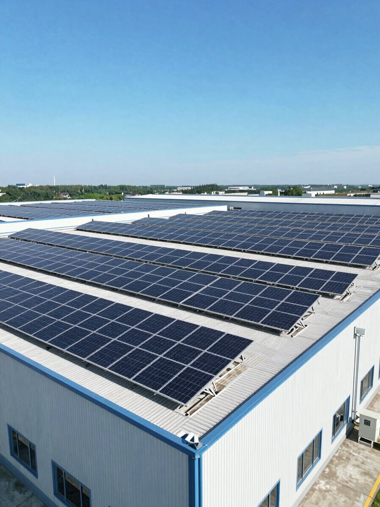Aerial drone perspective of a massive industrial rooftop lined with perfectly aligned solar panels under a clear blue sky, bright direct sunlight, crisp architectural photography
