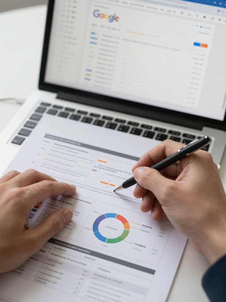Close-up overhead view of hands annotating a printed campaign analytics report on a desk, a laptop screen showing a Google Ads dashboard in the background, north-facing daylight, clean workspace, no glare on screen