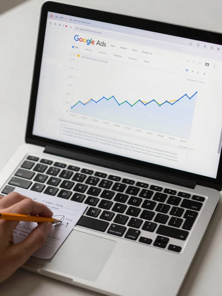 Close-up overhead of a laptop screen displaying Google Ads campaign interface, CTR trend graph visible in the upper half, a hand resting near the trackpad with a pencil annotation on a printed report beside the keyboard, clean studio light from the left, no glare