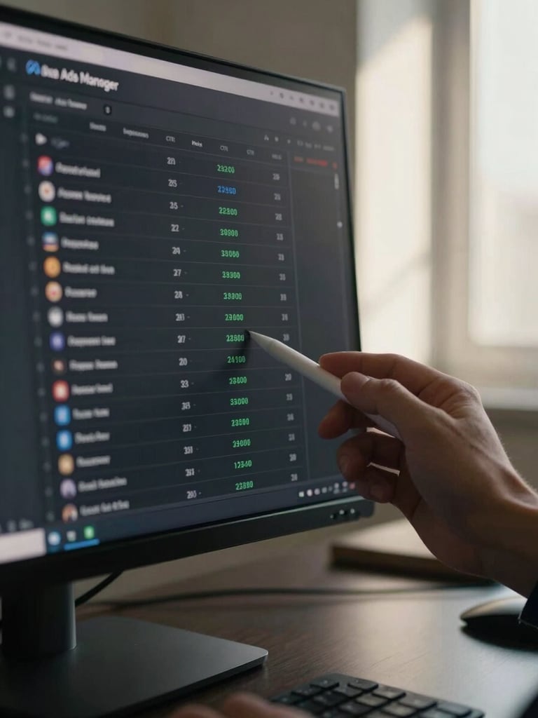 Close-up of a monitor showing Meta Ads Manager interface, campaign performance columns visible with impression and CTR data, a hand holding a stylus pointing at a specific row, warm north-facing window light from the right, dark desk surface in the lower third, no screen glare
