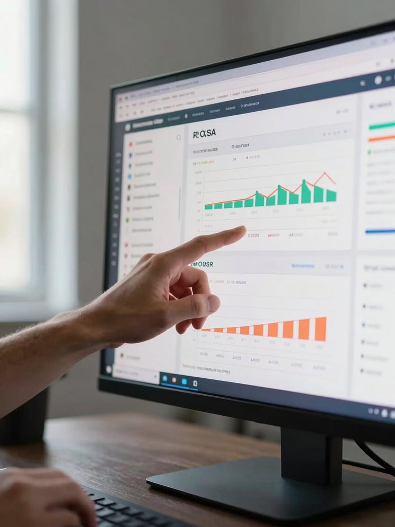 Close-up of a performance marketing dashboard on a large monitor, campaign metrics and ROAS figures clearly visible on screen, a hand reaching toward the display mid-analysis, north-facing daylight from the left, shallow depth of field, dark desk surface below