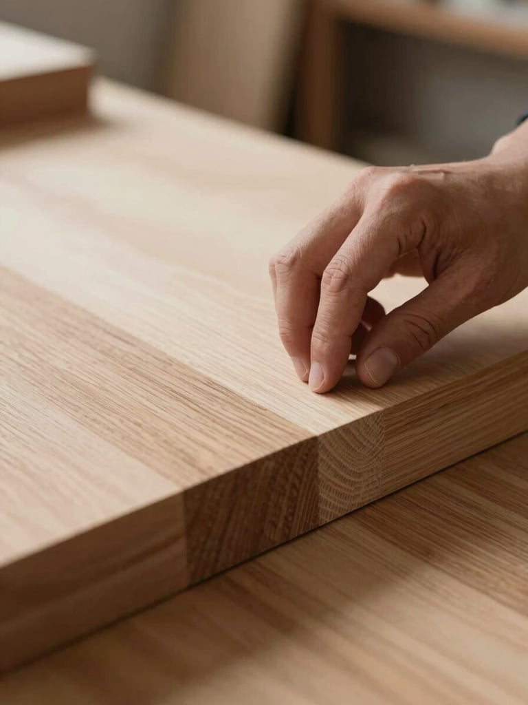 Manos de ebanista trabajando con una gubia sobre un tablón de madera maciza, luz natural cenital, enfoque en el detalle del corte.
