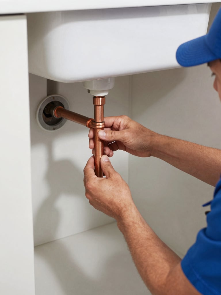 A real environmental photo of a licensed plumber carefully installing copper piping under a residential sink, bright natural daylight, high-contrast true colors, sharp focus, 35mm lens