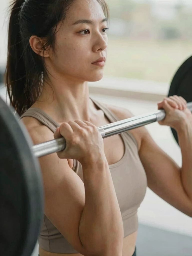 Warm editorial 35mm photography of a woman's hands gripping a barbell with focused concentration, soft natural daylight, shallow depth of field, muted earth tones.