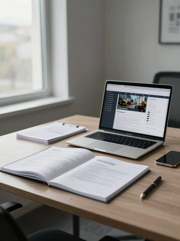 Wide office environment, left-side framing: organized desk with open contract documents and a laptop displaying a campaign dashboard, natural window light from the left, clean and professional workspace, muted tones