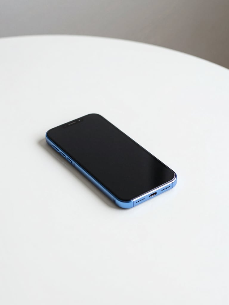 A clean minimalist photo of a smartphone lying flat on a stark white table, bright neutral daylight, crisp blue accents, sharp focus, 35mm