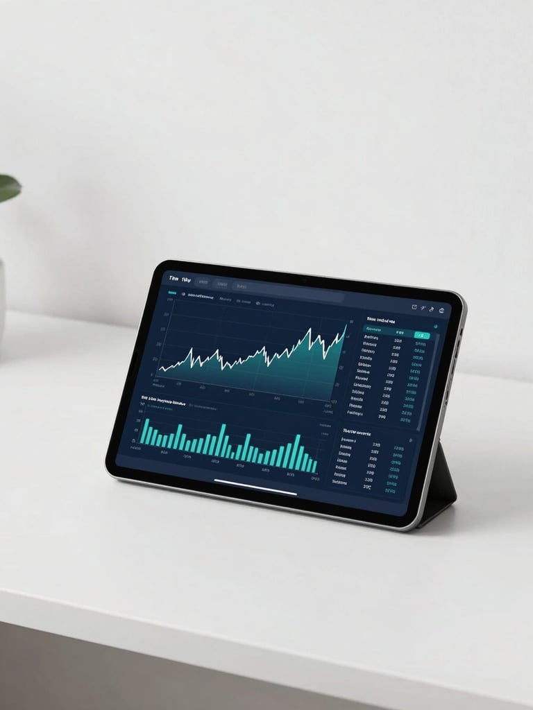 Clean editorial photography of a modern minimalist workspace with a tablet displaying precise financial charts, bright natural daylight, soft navy and teal accents, 35mm.