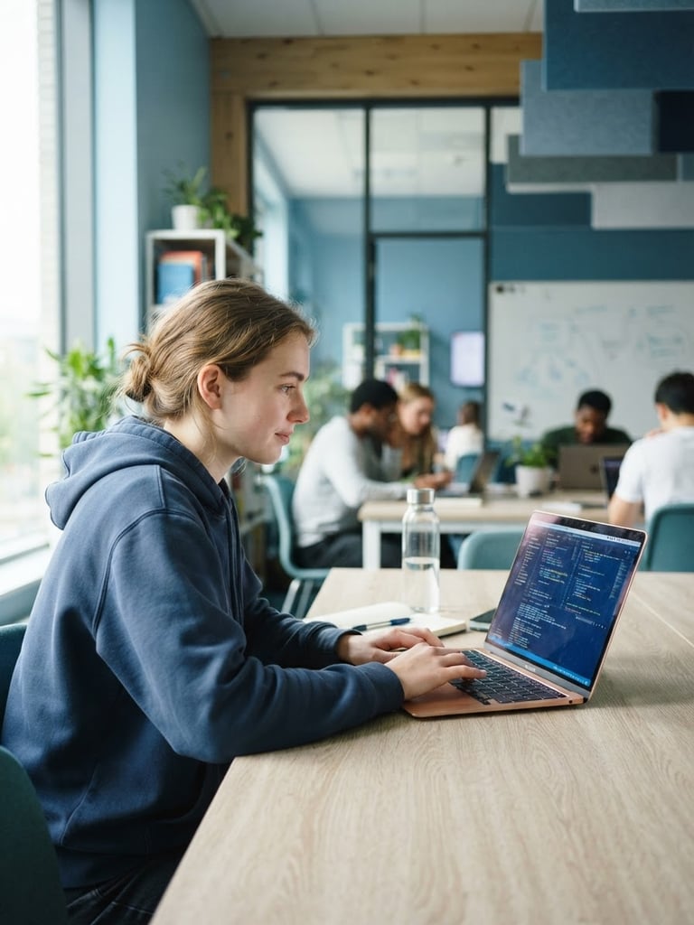 Bright documentary photography of a female student focused on a computer screen in a modern classroom, natural daylight, clean blue tones, 35mm lens.