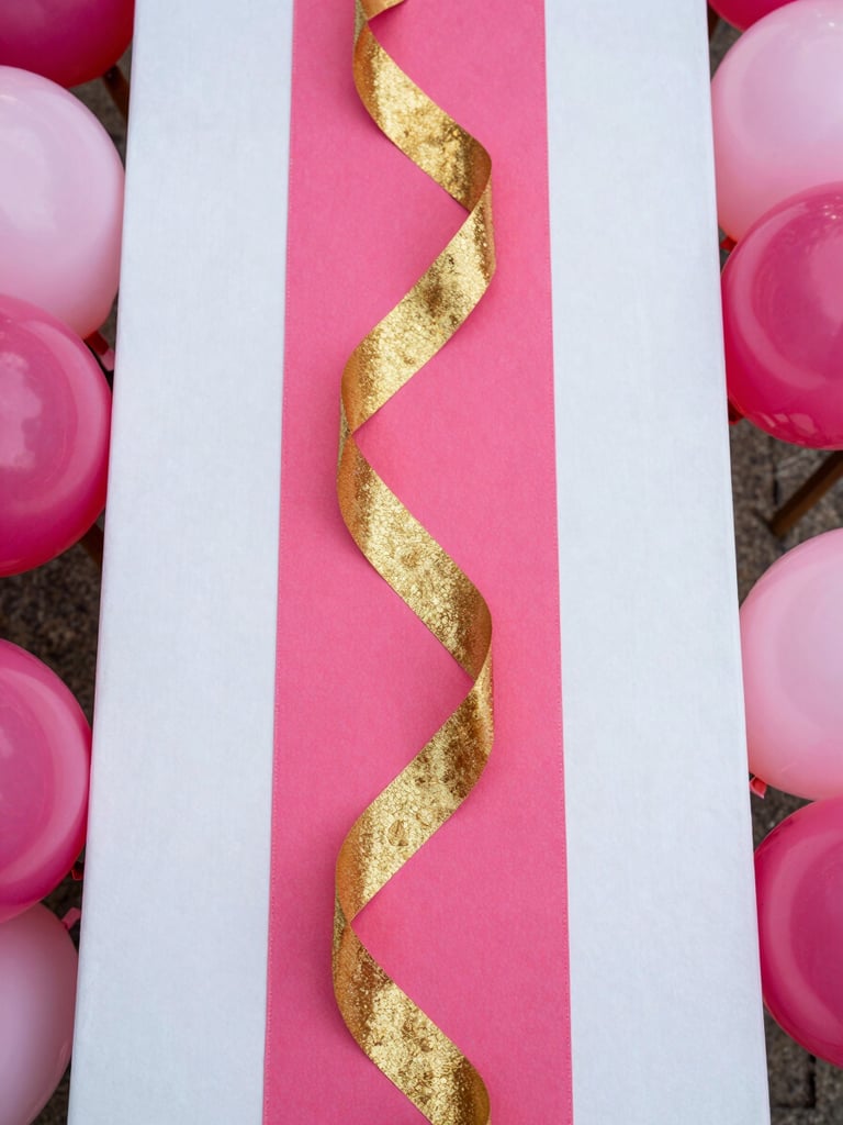 Close-up overhead flat-lay of a styled party tablescape — hot pink and gold layered accents, sparkle ribbon, balloon clusters at frame edges, bright studio lighting, saturated color, no people