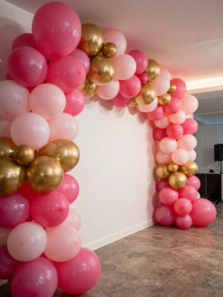 Wide shot from the right side: a full balloon garland arch in hot pink, blush, and gold stretching across an event venue wall, bright warm studio lighting, richly saturated colors, no people, decor is the hero