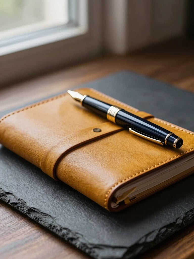 Macro shot of a high-end leather planner and fountain pen on a dark slate desk, soft side window light, warm editorial style.