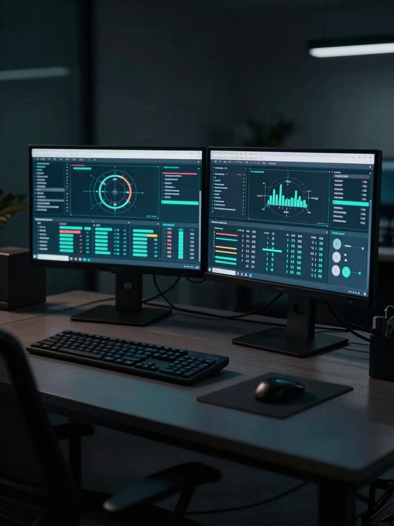 Sleek modern office workspace with dual monitors displaying complex data flows, moody cinematic studio lighting, cool teal accents, deep shadows, 50mm lens