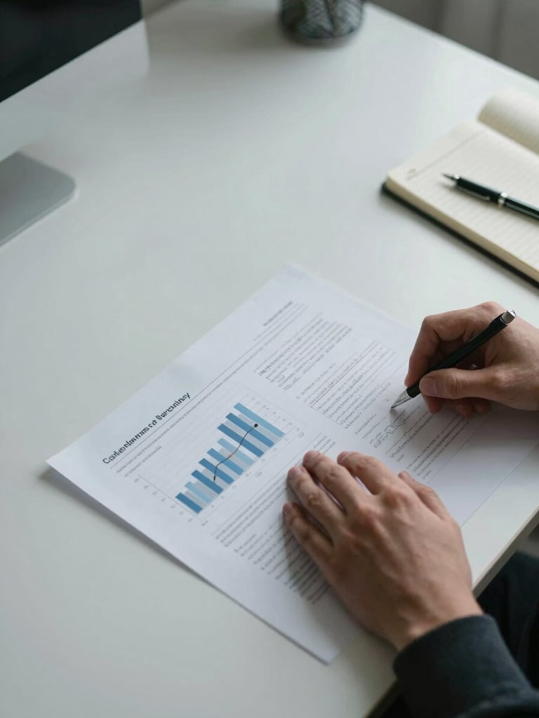 Wide overhead view of a clean desk workspace, hands resting on financial documents with printed charts and handwritten margin notes, north-facing daylight casting even cool light across the papers, a mechanical pencil and ruled notebook visible at the edge, generous negative space to the left