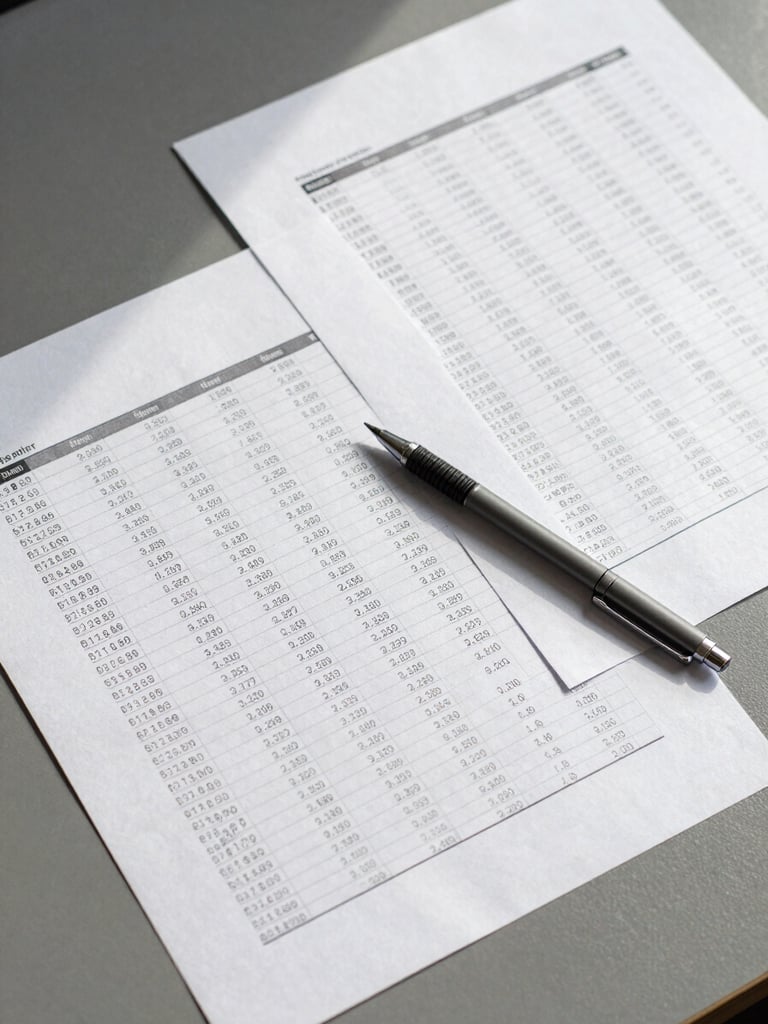 Overhead study of a clean work desk: financial report pages spread across a matte grey surface, a mechanical pencil resting on annotated columns of numbers, north-facing daylight casting sharp clean shadows across the documents, negative space on the upper left