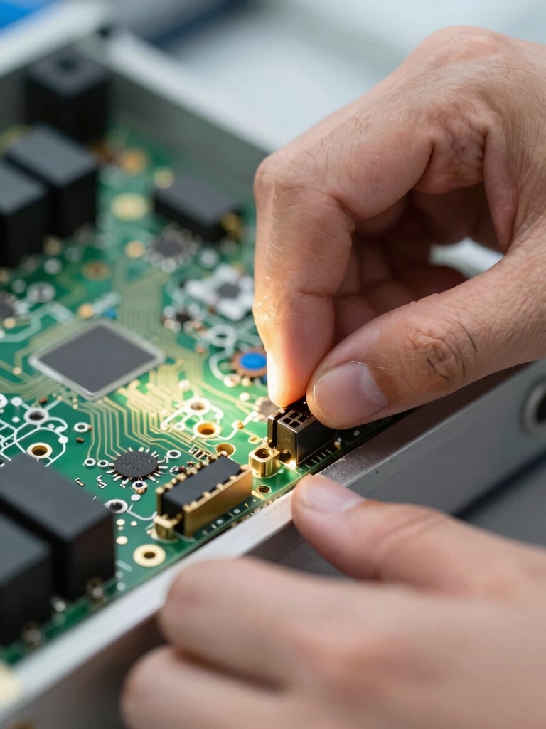 Extreme close-up of a technician's hands positioning a circuit board connector into a medical device rack, tungsten workshop light raking across the component surface, serial number nameplate visible at lower edge, shallow depth of field