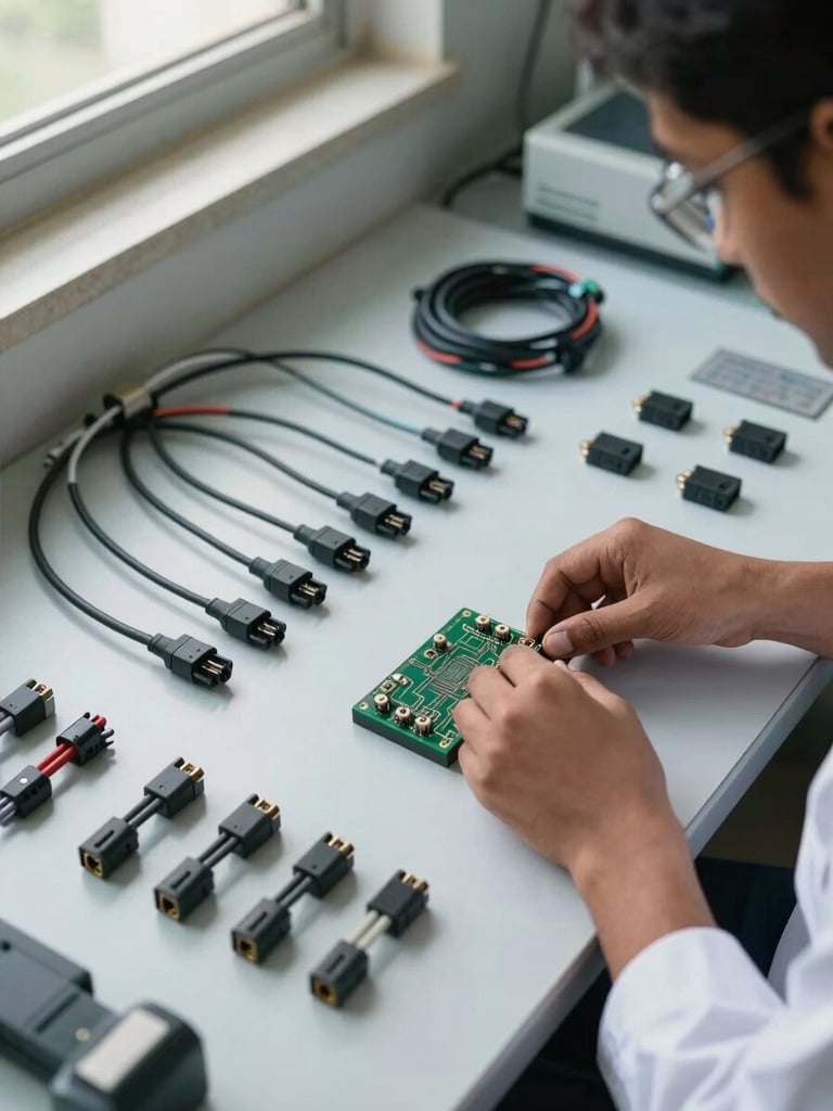 Close overhead framing of a medical equipment assembly bench in an Indian institutional lab — component connectors and cable bundles laid out in ordered rows on a white surface, a technician's hands positioning a circuit module under north-facing window light, certification nameplate visible in the lower-right corner