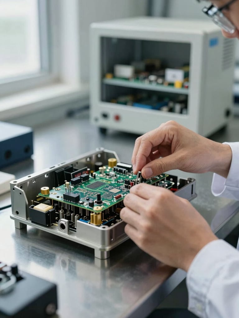 Close-up of an engineer's hands positioning a circuit board module into a medical device chassis on a stainless steel lab bench, soft north-facing daylight from a window to the left, component connection detail sharp in foreground, equipment rack blurred in background