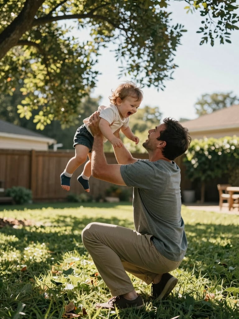 Close environmental frame — a father crouched low in a sunlit backyard lifting a laughing toddler, dappled afternoon light through tree canopy, warm skin tones, camera angle slightly wide catching the grass and open sky behind them, candid mid-motion