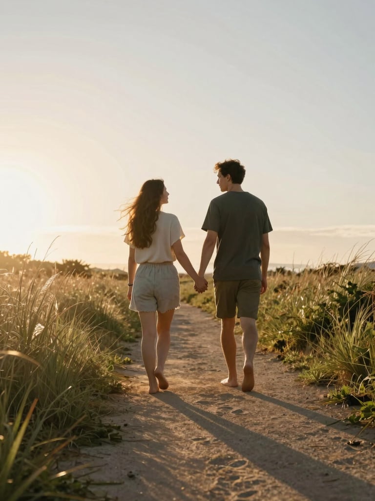 Wide environmental shot, golden-hour backlight, a couple walking barefoot on a coastal path, hands intertwined, soft sun flare from the left edge, tall grass catching the light, unposed and mid-stride