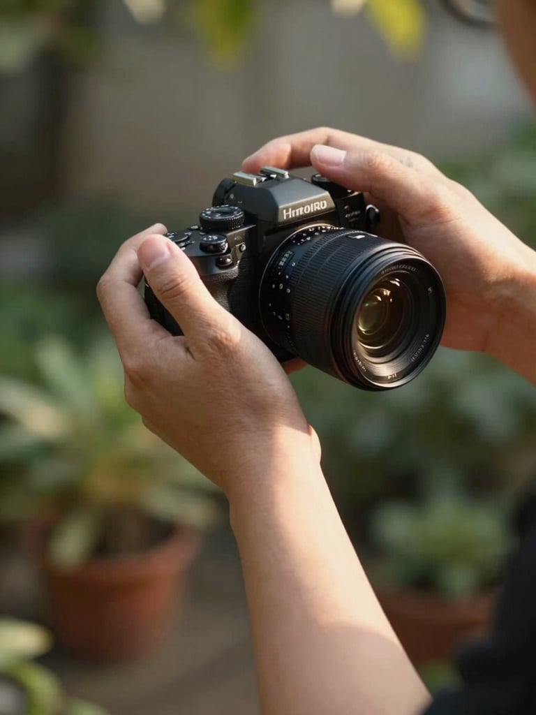 Close-up of a photographer's hands holding a camera loosely at their side, warm afternoon sun falling across their forearm, soft blurred garden in background, candid and unhurried feeling