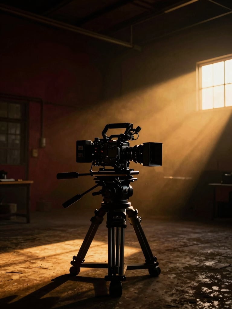 Low-key dramatic backlighting on a heavy cinema camera rig, golden-hour haze filtering through a dark warehouse, high-contrast shadows
