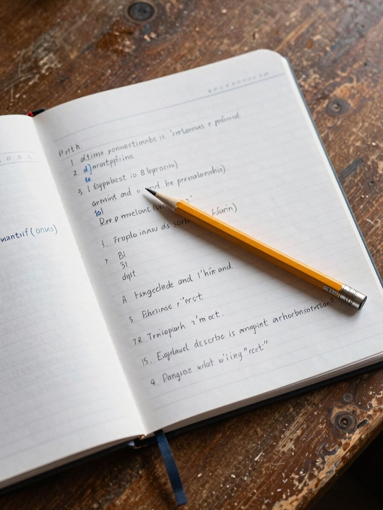 Overhead study-angle shot of a training log open on a worn wooden surface, a pencil resting across the page, written programming notes visible, natural north-facing daylight, no hands in frame