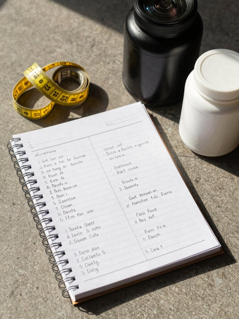 Overhead study angle of an open spiral-bound training log with handwritten exercise sets, a tape measure and two supplement containers placed beside it on a warm grey surface, north-facing daylight
