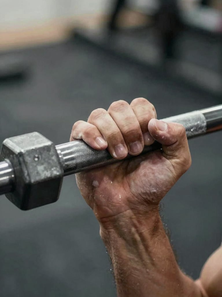 Extreme close-up of hands gripping a hex bar deadlift handle, chalk-dusted fingers, knurled steel texture sharp in frame, shallow depth of field, studio daylight from upper left, no face visible