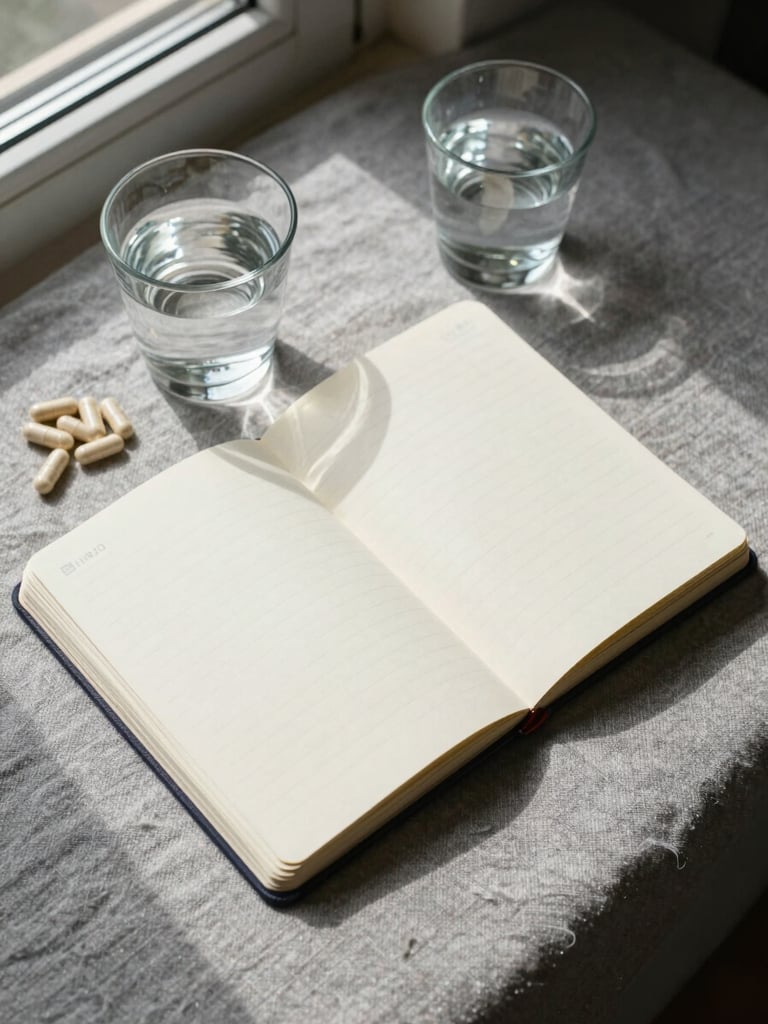Overhead flat-lay study angle of an open nutrition field notebook, a small glass of water, and a handful of capsules arranged on warm grey linen, north-facing window light casting soft shadows, no text visible