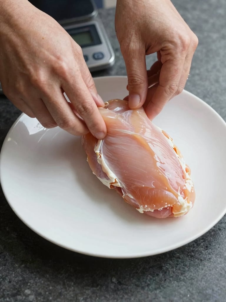 Extreme close-up of hands using a digital kitchen scale to weigh a portion of chicken breast on a white ceramic plate, overhead angle, north-facing daylight, clean dark stone counter, no text