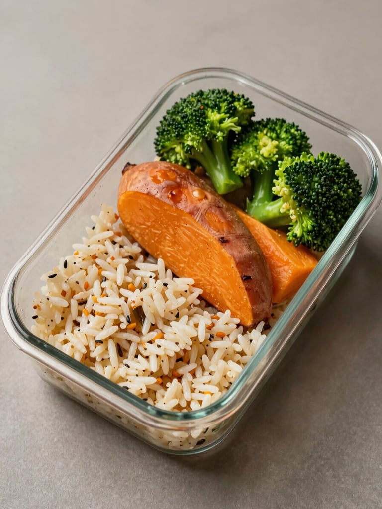 Close-up overhead flat-lay of a meal prep container with cooked rice, sweet potato, and broccoli on a warm grey surface, studio daylight, minimal shadows, no props or text