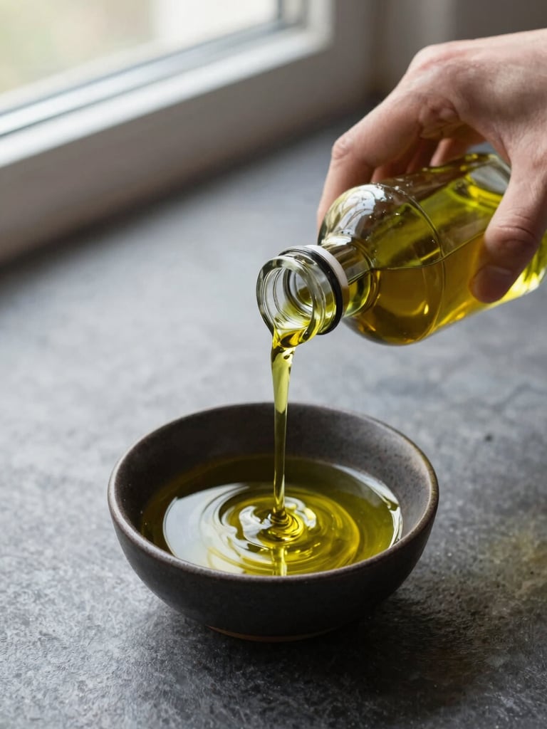 Close-up overhead view of hands pouring olive oil from a small glass bottle into a dark ceramic bowl on a warm grey stone surface, north-facing window light, no text or labels