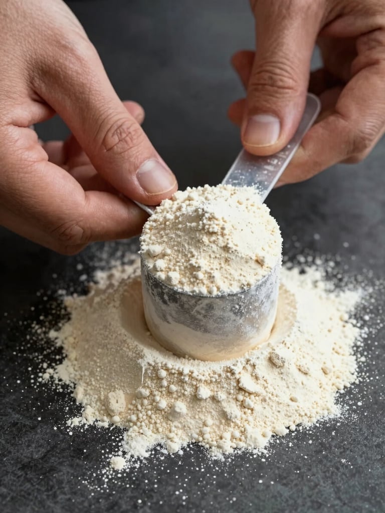 Extreme close-up overhead of a pair of male hands measuring protein powder into a precision scoop on a dark matte surface, north-facing daylight, sharp focus on the scoop edge and fine powder texture, no labels visible