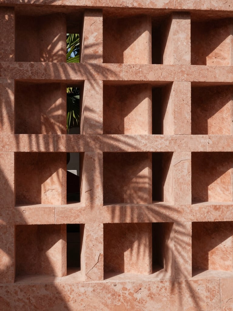 Close-up architectural detail of a modern limestone screen, sculptural light filtering through geometric openings, deep terracotta shadows, high-contrast tropical sun.