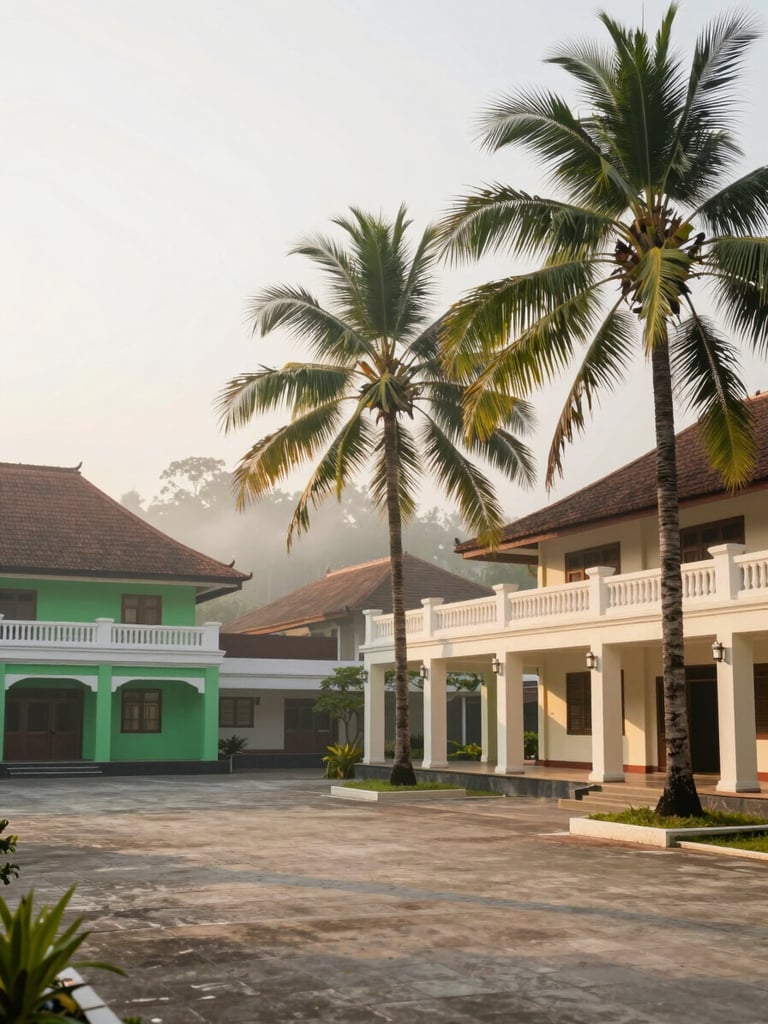 Wide environmental shot of the serene pesantren campus courtyard at sunrise, clean traditional architecture with modern green touch, tall coconut trees, soft morning mist, elegant and peaceful atmosphere, 35mm