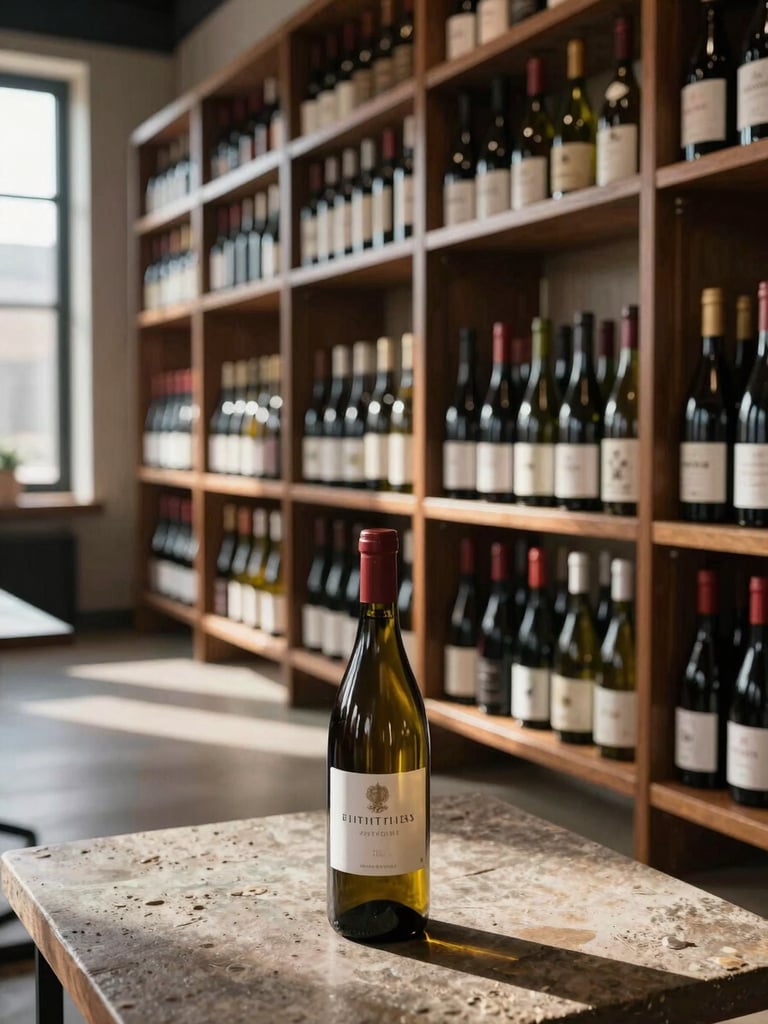 Wide shot of a professional distributor's storage and tasting room: rows of wine bottles arranged on dark wooden shelving receding into the background, labels facing forward, even directional daylight from a high window to the left casting clean parallel shadows across the shelves. Foreground: a single bottle placed upright on a stone-topped table, its label sharp and legible. No people visible. Framing is environmental and slightly wide.