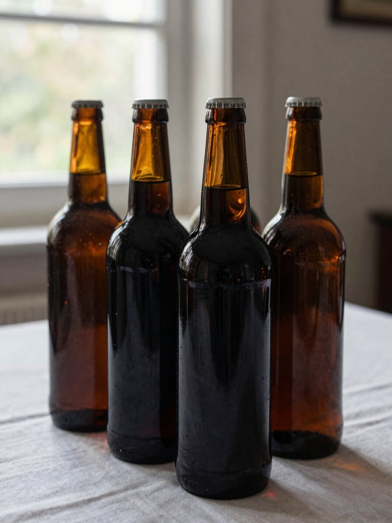 Tight environmental shot of four dark glass bottles standing upright on a plain tasting table, directional daylight from a north-facing window raking across the glass shoulders, clean linen surface, shallow depth, no labels fully legible, no people