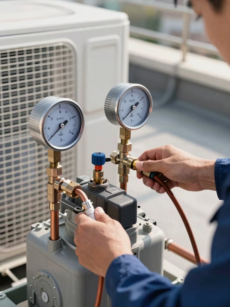 Close-up of a technician's hands connecting refrigerant gauge lines to an outdoor AC compressor unit, natural daylight spilling from the right, copper pipes and pressure dials sharp in focus, real residential rooftop setting
