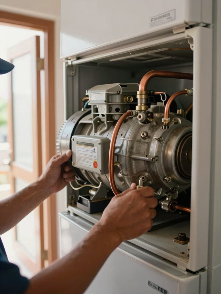 Close-up wide shot of a technician's hands gripping a refrigerator compressor unit inside a real Bahraini apartment, natural daylight spilling from a doorway to the left, copper refrigerant lines and worn housing visible, no staging