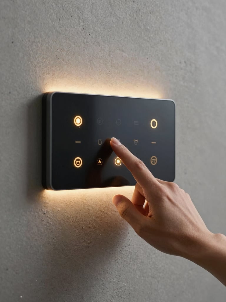 Close-up of a hand interacting with an elegant wall-mounted smart home control panel, glowing gold indicators, minimalist concrete texture background, warm ambient lighting.