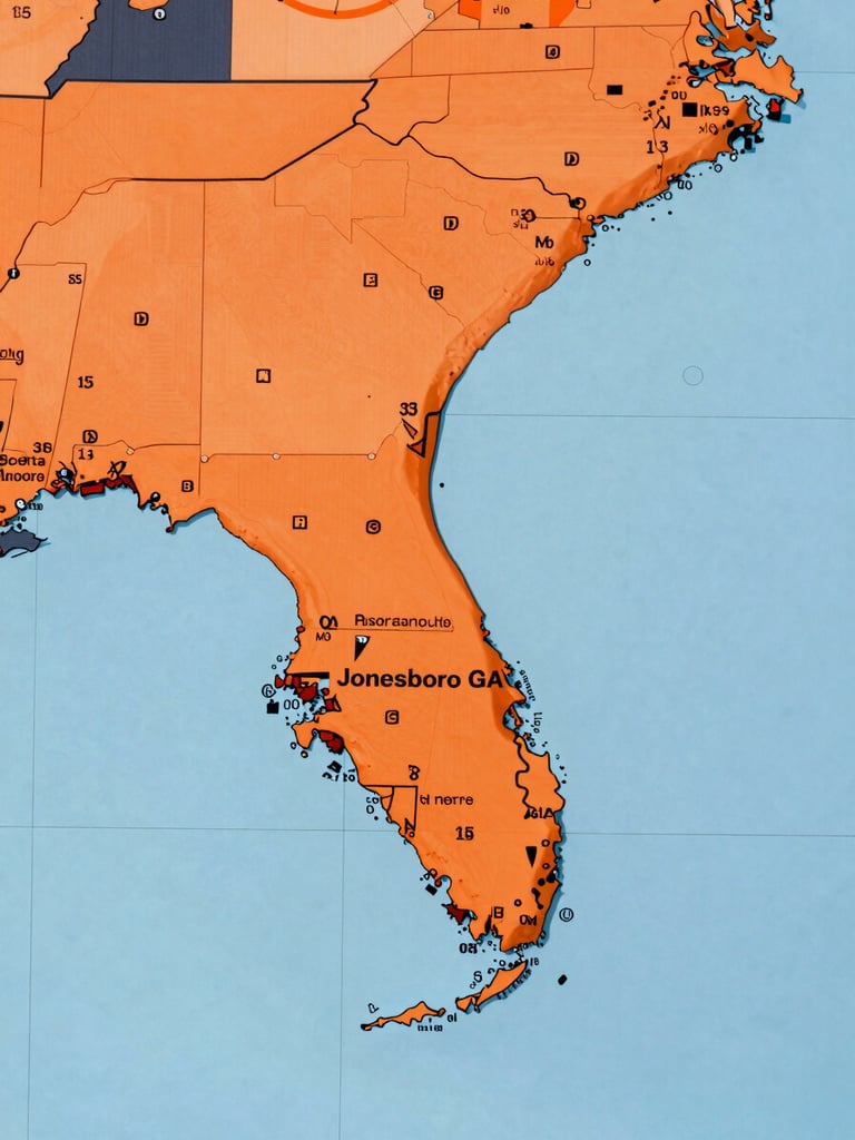 Overhead map of the Southeastern United States highlighting Georgia, Florida, Alabama, Mississippi, Louisiana, Tennessee, and the Carolinas, with a focus on Jonesboro, GA, under bright natural daylight, industrial utility photography, sharp focus, 35mm