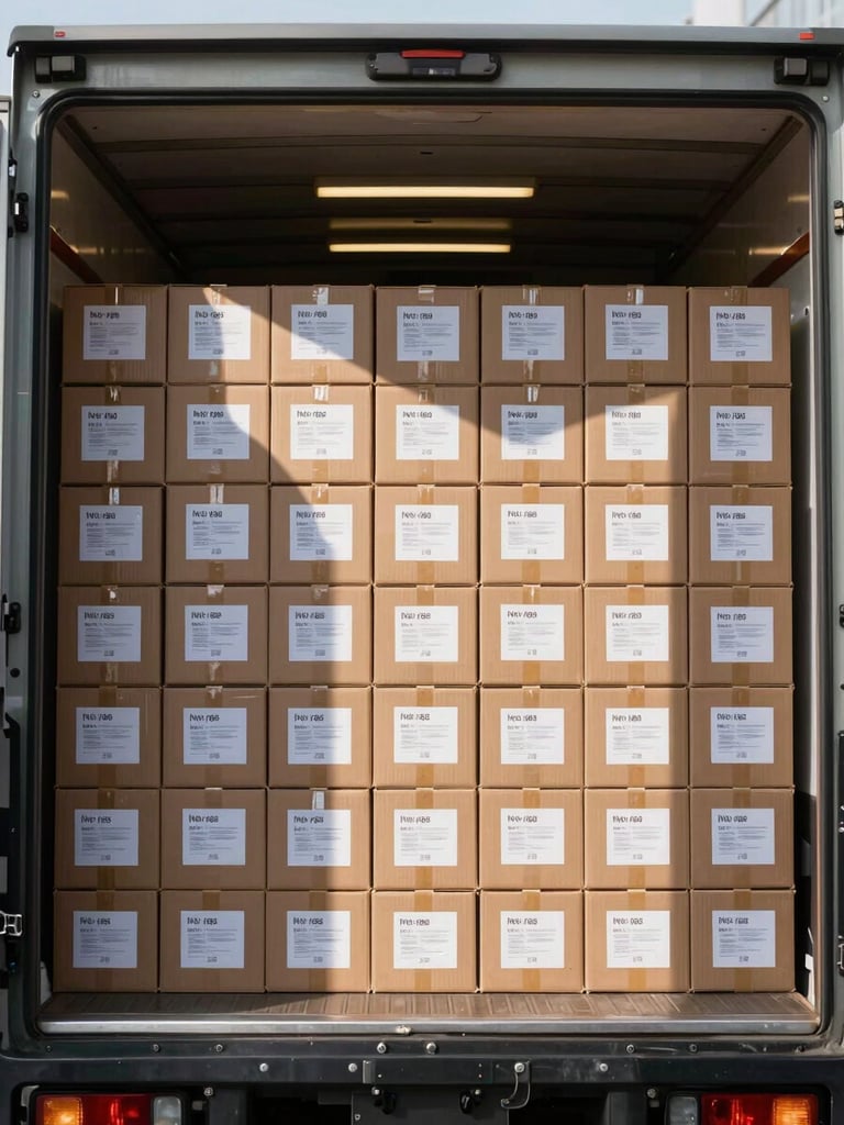 Wide environmental shot inside a moving truck interior, boxes uniformly packed and stacked to geometric precision, each carton labeled with handwritten inventory markers, overhead warehouse lighting casting sharp shadows, shot from inside the truck looking toward the open rear doors, no people visible — pure system and order