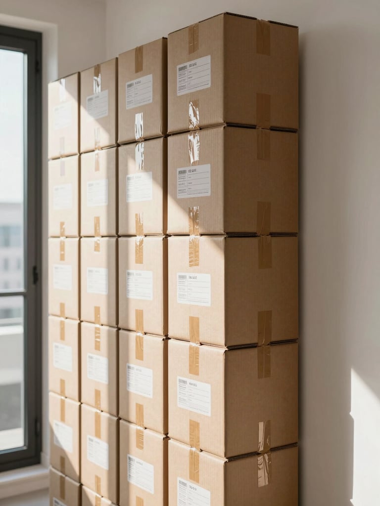 Close-up environmental frame of neatly stacked, clearly labeled cardboard boxes lined against a white wall in a Dubai apartment, natural daylight from a side window casting long shadows across the label text, packing tape and foam corners visible on box edges, organized geometry filling the right two-thirds of the frame